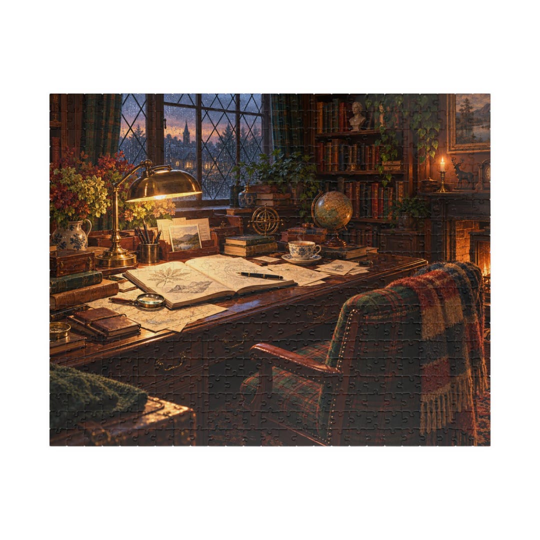 Puzzle Library Display Cozy Library Jigsaw Puzzle, Scholar's Writing Desk at Dusk, Dark ...