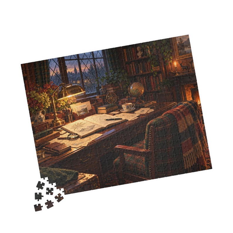 Puzzle Library Display Cozy Library Jigsaw Puzzle, Scholar's Writing Desk at Dusk, Dark ...