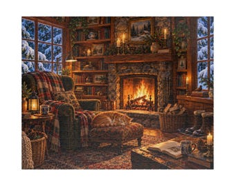May include: A cozy room scene featuring a stone fireplace with a roaring fire, a green armchair with a plaid blanket, and an orange cat sleeping on an ottoman. Bookshelves line the walls, and snow-covered trees are visible through large windows.
