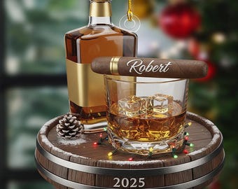 Personalized Whiskey Glass and Cigar Ornament, Acrylic Ornament, Christmas Tree Hanging Decor, Ornament 2025, Christmas Ornament