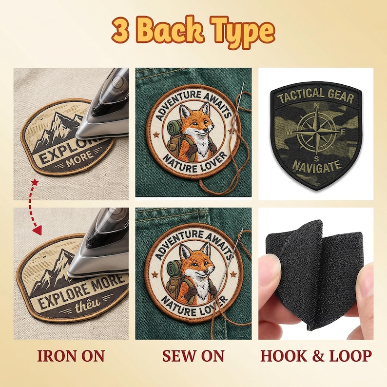 Pode incluir: Imagem mostrando tr&ecirc;s tipos de patches: para passar a ferro, para costurar e com velcro. Os patches apresentam designs com tema ao ar livre, incluindo uma raposa com uma mochila e o texto "Adventure Awaits Nature Lover". Outro patch tem um design de b&uacute;ssola com o texto "Tactical Gear Navigate".