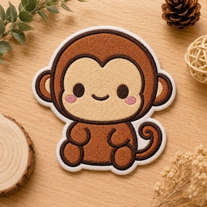 May include: An embroidered patch featuring a cartoon monkey with brown fur, a light beige face, and small pink cheeks. The monkey has a rounded head, large dark eyes, a simple curved smile, and a curled tail, all outlined in dark brown thread.