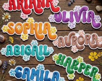 Custom Groovy Name Patch with Flowers, Personalized Retro Hippie Style Iron On, Colorful Embroidery Badge, Girly Name Tag for Bags and Hats