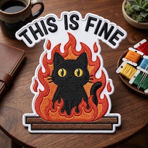 May include: Embroidered patch featuring a black cat with yellow eyes, surrounded by orange flames. The patch reads "THIS IS FINE" in black letters on a white background. The patch is on a wooden surface.