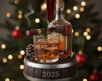 Personalized Whiskey and Cigar Ornament 2025, Custom Name Bourbon Glass Ornament, Gentlemen Gift for Him Christmas Decor