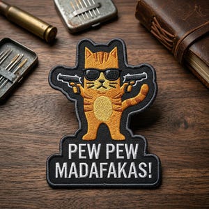 Pew Pew Madafakas Ginger Cat Embroidered Patch, Funny Gangster Kitty Embroidered Patch, Sarcastic Bad Attitude Art Decal
