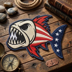 May include: An embroidered patch shaped like a piranha with a cream-colored head, sharp teeth, and a body featuring red and white vertical stripes. The tail section is dark blue with five white embroidered stars, all outlined in dark blue thread.