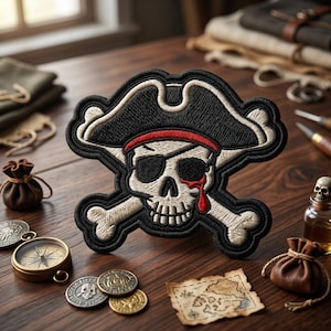 May include: Embroidered pirate patch featuring a skull with an eye patch, a red teardrop, and crossed bones. The patch is bordered in black and white. Other items on a wooden surface include a compass, coins, and a treasure map.