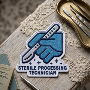 May include: Embroidered patch featuring a blue gloved hand holding a scalpel, with the text "STERILE PROCESSING TECHNICIAN" in white. The patch is on a wooden surface with medical tools and a vintage journal.