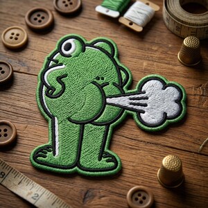 May include: An embroidered patch featuring a green frog standing and facing away, with a white cloud-shaped puff emanating from its rear. The patch has a thick black border and is surrounded by wooden buttons, spools of thread, and a thimble.