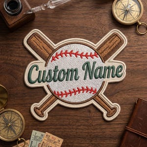 May include: Embroidered baseball patch featuring a baseball with red stitching and crossed baseball bats. The patch has the text "Custom Name" in green script. The patch is on a wooden surface.