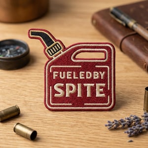 May include: A red embroidered patch in the shape of a gas can with the words "FUELED BY SPITE" in white. The patch has a black and gold nozzle and a white border. The patch is on a wooden surface.