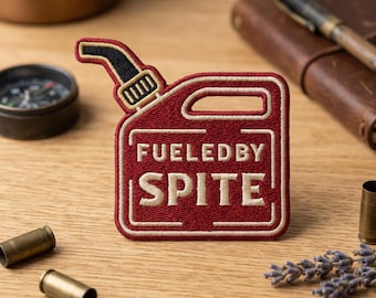Fueled By Spite Gas Can Embroidered Patch, Funny Sarcastic Fuel Badge, Dark Humor Statement Art Decal