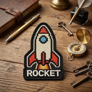 Pixel Art Rocket Ship Embroidered Patch, Retro Gaming Space Badge, Astronaut Science Fiction Art Decal