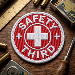 May include: A red and white patch with the words "SAFETY THIRD" encircling a white cross. The patch is surrounded by tools, bullets, and a matchbox on a wooden surface.