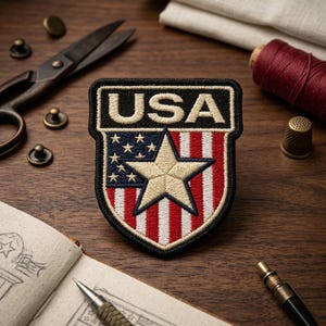 May include: Embroidered USA patch with a shield design. The patch features a black border, the word "USA" in white, a blue field with white stars, and red and white stripes. A large beige star is in the center.