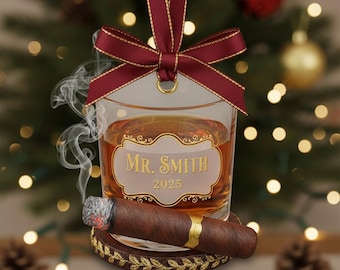 Personalized Whiskey and Cigar Ornament 2025 – Custom Name Bourbon Glass Ornament – Gentlemen Gift for Him Christmas Decor