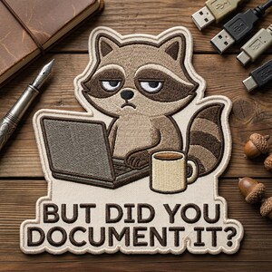 But Did You Document It Raccoon Embroidered Patch, Funny Software Engineer Trash Panda, Sarcastic Tech Humor Art