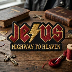 May include: Embroidered patch with the word "JESUS" in red, outlined in gold, with a gold lightning bolt. The text "HIGHWAY TO HEAVEN" is below in gold. The patch is on a black background.