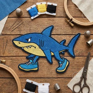 May include: Embroidered patch of a blue shark wearing blue sneakers with yellow accents. The shark has an angry expression and is surrounded by sewing supplies, including thread spools, needles, and scissors. The patch is on a wooden surface.