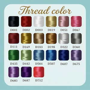 Pode incluir: Um gr&aacute;fico de cores exibindo uma variedade de cores de linha. O gr&aacute;fico inclui uma gama de tons, do preto e vermelho ao verde, azul e roxo. Cada cor &eacute; rotulada com um c&oacute;digo correspondente, como D001, D002 e D003, e o texto "Thread color" est&aacute; no topo.