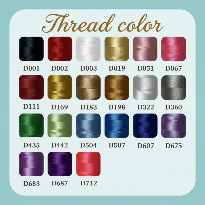 Pode incluir: Um gr&aacute;fico de cores exibindo uma variedade de cores de linha. O gr&aacute;fico inclui uma gama de tons, do preto e vermelho ao verde, azul e roxo. Cada cor &eacute; rotulada com um c&oacute;digo correspondente, como D001, D002 e D003, e o texto "Thread color" est&aacute; no topo.
