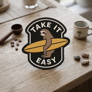 May include: Embroidered patch featuring a sloth holding a surfboard. The patch has the words "TAKE IT EASY" in white lettering on a black background with a white border. The sloth is brown and the surfboard is yellow.