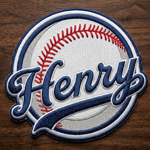 May include: Embroidered baseball patch with the name "Henry" in a stylized blue script. The patch features a baseball design with red stitching and a white background, framed by blue and white borders.