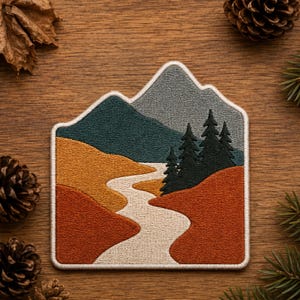 May include: A mountain-shaped embroidered patch featuring a landscape scene with a winding white river, dark green pine trees, and rolling hills in shades of mustard yellow, burnt orange, and deep teal, all set against a dark gray mountain peak.