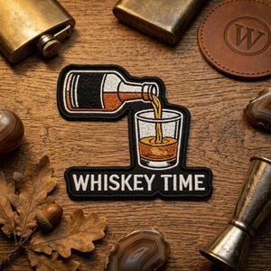 Whiskey Time Embroidered Patch, Bourbon Pouring Glass Badge, Gentleman Alcohol Lover Spirit Art Decal