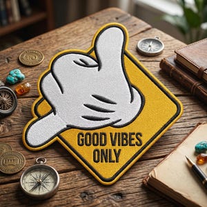 May include: Embroidered patch featuring a white cartoon hand giving a thumbs-up on a yellow diamond-shaped background. The text "GOOD VIBES ONLY" is in black. The patch is on a wooden surface with coins, a compass, and a notebook.