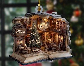 Personalized Book Nook Christmas Ornament, Acrylic Hanging Decor