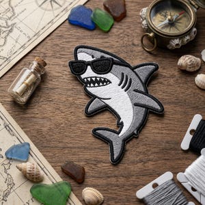 Cool Shark Sunglasses Embroidered Patch, Funny Great White Ocean Badge, Summer Beach Party Art Decal