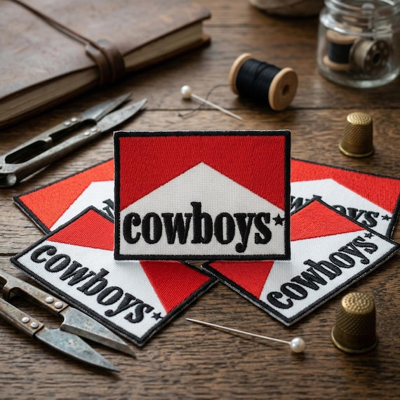 Cowboys Retro Cigarette Brand Parody Embroidered Patch, Western Style Red and White Badge, Funny Cowboy Aesthetic Art Decal