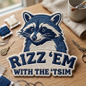 May include: Embroidered patch featuring a raccoon with blue and white details. The patch has the text "RIZZ 'EM WITH THE 'TSIM" in blue lettering. The patch is on a wooden surface with sewing supplies.