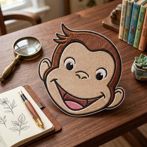 May include: Embroidered patch featuring a smiling monkey face with brown fur, a tan face, and a black outline. The patch is on a wooden desk with a magnifying glass, a notebook, and a pen.