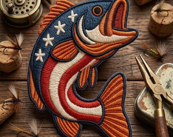 USA Flag Fishing Embroidered Patch, Patriotic Bass Fish Angler Embroidered Patch, American Spirit Fishing Gear Art Decal