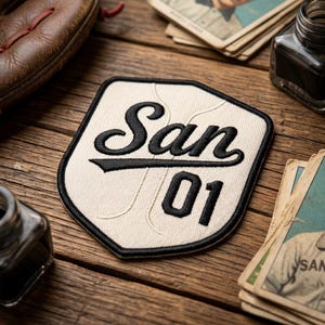 May include: A baseball-themed patch with the word "San" in black script above the number "01". The patch has a cream-colored background with black stitching and a black border. The patch is on a wooden surface.