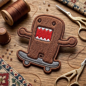 May include: Brown embroidered patch of a cartoon character with a large open mouth and a skateboard. The patch has a red mouth with white teeth and is surrounded by brown thread. The patch is on a wooden surface with sewing supplies.