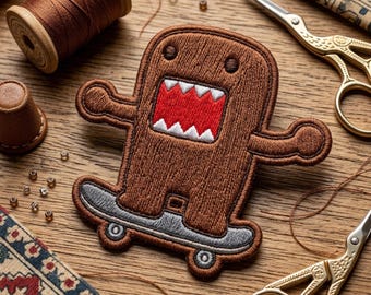 Domo Kun Skateboard Embroidered Patch, Cute Brown Monster Skater Embroidered Patch, Retro Japanese Mascot Art Decal
