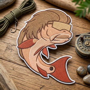 May include: Embroidered patch featuring a stylized fish with brown hair and sunglasses. The fish has a light brown body with orange and red accents, outlined in white. The patch is likely for a fishing enthusiast.