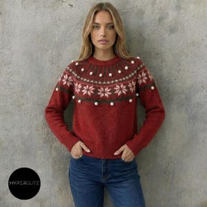 Fair Isle Christmas Jumper with Pom Poms | Women’s Nordic Snowflake Knit Sweater for Winter