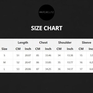 May include: A size chart with measurements in inches and centimeters. The chart includes sizes S, M, and L, with corresponding measurements for length, chest, shoulder, and sleeve. The brand name "HYPERGLITZ" is at the top.