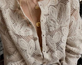 Vintage Crochet Lace Blouse | Elegant Single-Button Long Sleeve Top | White Knit Cardigan Cottagecore Fairycore