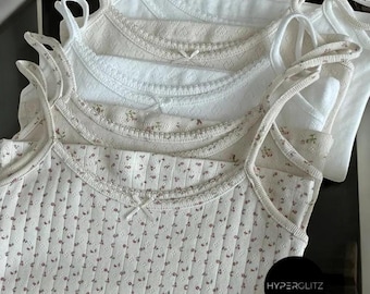 Cute Y2K Tank Top – Cotton Lace Trim Pointelle Camisole, Coquette Aesthetic Loungewear, Soft Cute Y2K Top for Women