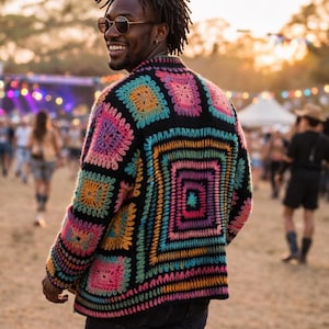 Handmade Crochet Cardigan – Colorful Granny Square Patchwork Jacket, Oversized Winter Sweater