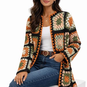 かぎ針編みのグランマスクエアカーディガン – 毛玉防止糸、手作りのボヘミアンパッチワークジャケット、