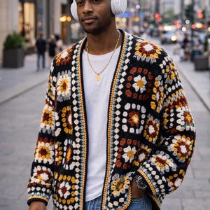 Men's Boho Crochet Cardigan, Oversized Granny Square Jacket, Earth Tone Knit Fall Style