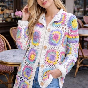 Crochet Granny Square Cardigan – Anti-Pilling Yarn, Handmade Boho Patchwork Jacket,