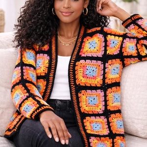 Cardigan all'uncinetto fatto a mano con motivo a quadrati "Grandma Square", maglione oversize unisex in lana, giacca patchwork in stile boho